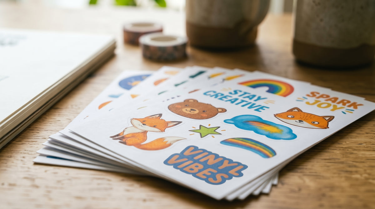 A stack of sticker sheets on a wooden desk, the top sheet carrying a mixed set of designs at different sizes — a fox, a bear, rainbows, a star and the words “stay creative”, “spark joy” and “vinyl vibes”