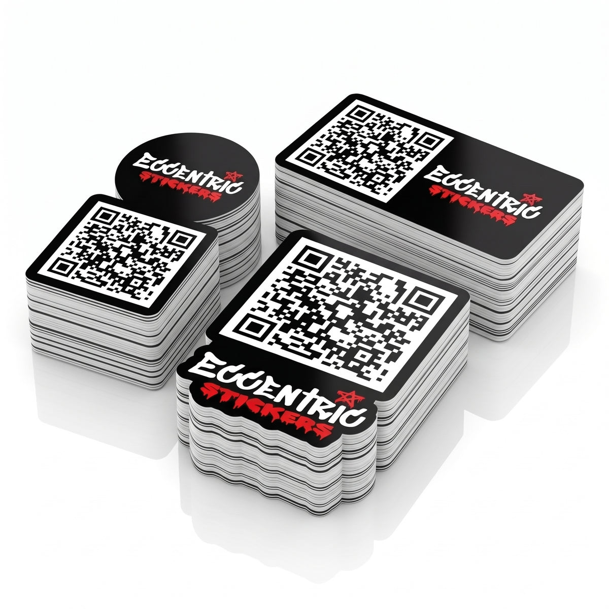 Stacks of custom QR code stickers in square, rounded and circular shapes, each printed with a scannable code beside the Eccentric Stickers logo