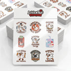 Stacks of custom sticker sheets, each page carrying nine different goose designs that peel off individually