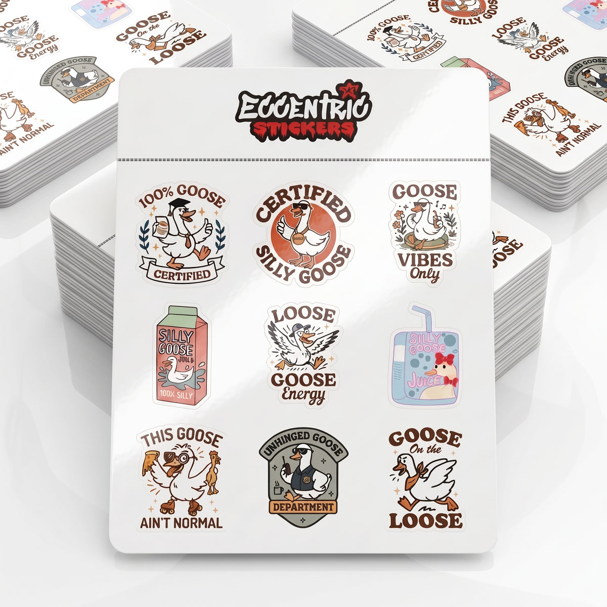 Stacks of custom sticker sheets, each page carrying nine different goose designs that peel off individually