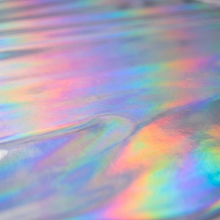 Iridescent rainbow holographic chrome vinyl, shown as a material swatch