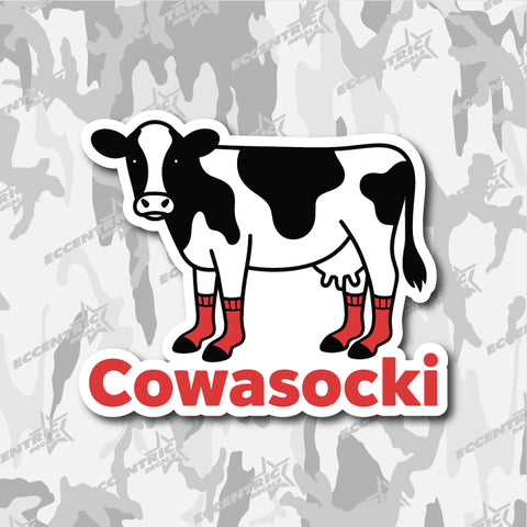 Cowasocki — an Eccentric Stickers design: a black and white dairy cow wearing red socks