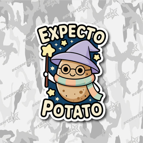 Expecto Potato — an Eccentric Stickers design: a potato in a purple wizard hat and round glasses, waving a wand