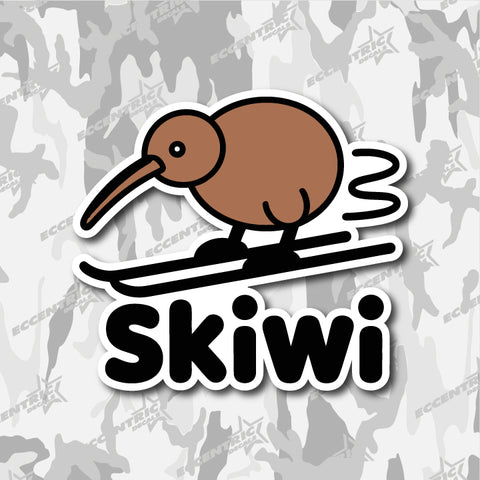 Skiwi — an Eccentric Stickers design: a brown kiwi bird on skis, leaving motion lines