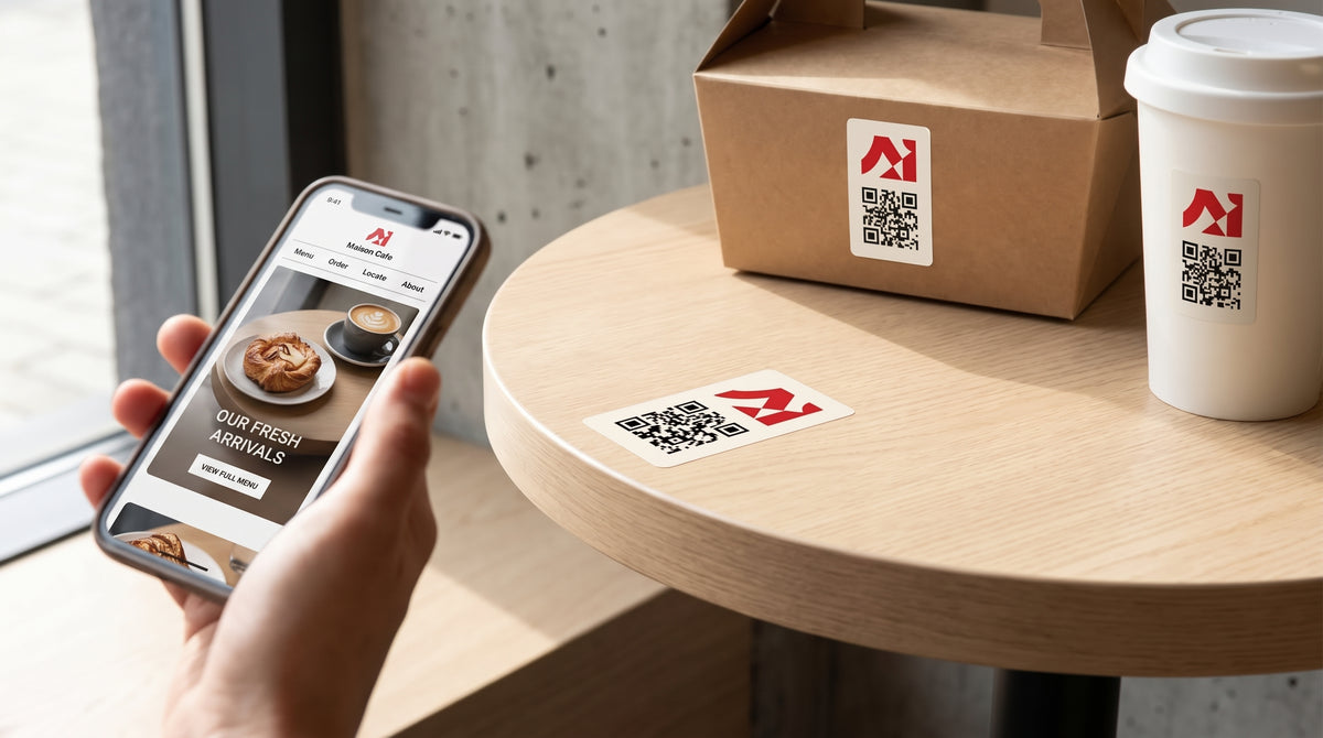 A hand holding a phone up to scan a QR code sticker on a round café table, with the same sticker also on a kraft takeaway box and a coffee cup behind it