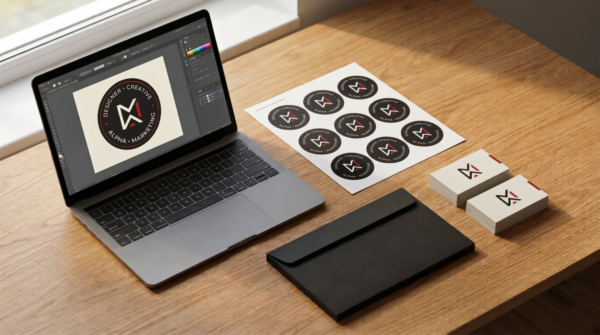 A laptop showing a round badge logo beside a sheet of the same die-cut badge stickers, an envelope and business cards