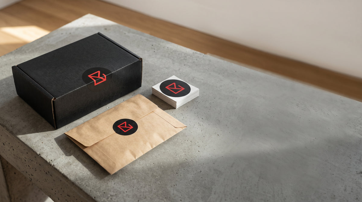 Branded shipping carton and kraft mailer sealed with custom die-cut vinyl logo stickers